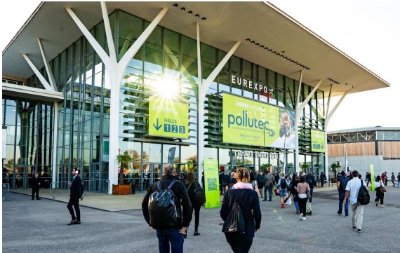 Outdoor of Eurexpo building displaying Pollutec branding